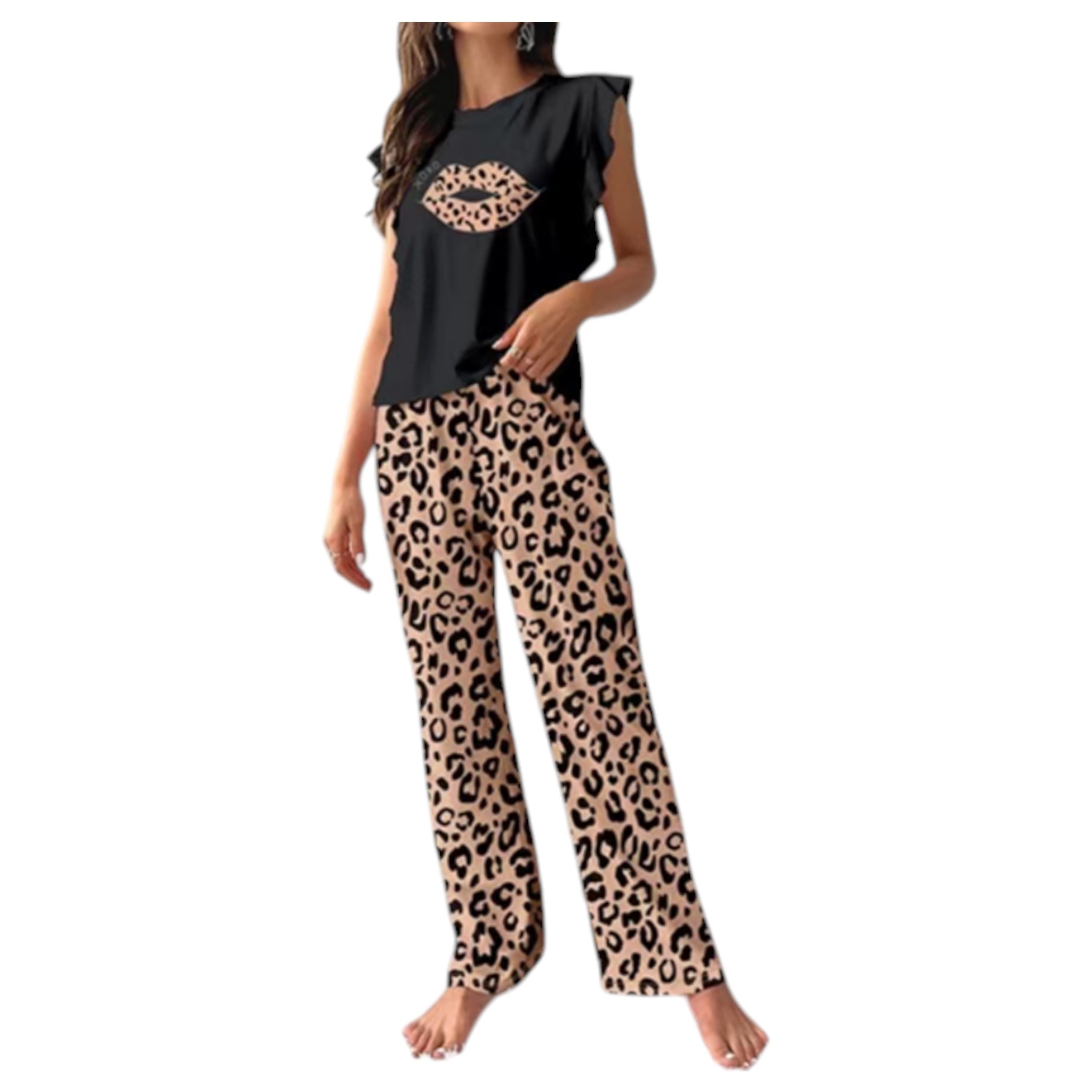 Women's black short-sleeve pajama set with leopard print lips graphic top and matching leopard print lounge pants – stylish and comfortable nightwear
